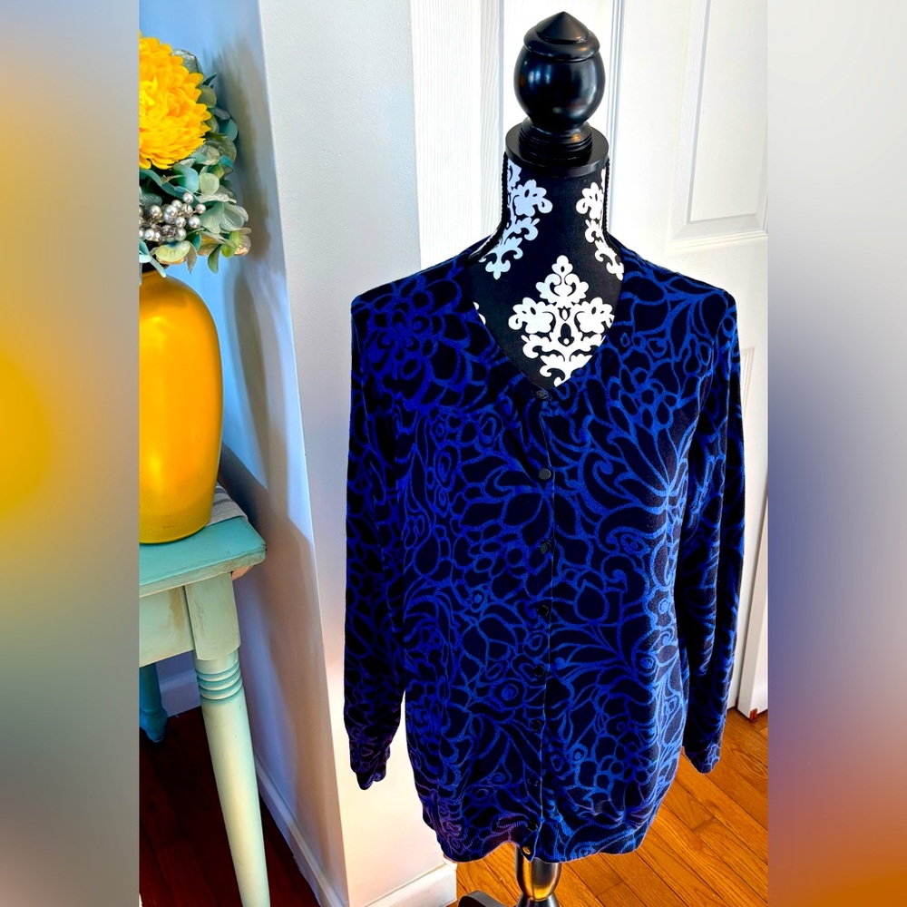 Talbots Blue/Black Floral Sweater Cardigan Sz 1 X Plus Cotton Long Sleeves